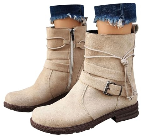 Generisch Botines con cremallera lateral de color sólido con cara de invierno para mujer, botines con hebilla de temperamento casual cálido, botines de mujer con cordones de tacón 2026, beige, 38 EU