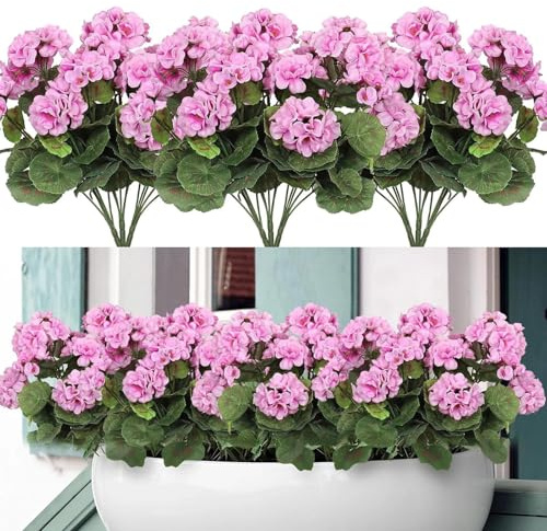 Rravdst 3PCS Artificial Geranium Flowers for Outdoor, UV Resistant & Realistic Fake Geranium Plants, All-Weather Artificial Outdoor Plants for Garden, Porch, Window Box Decor (Pink)