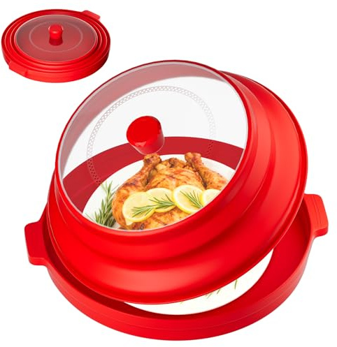 2 in 1 Microwave Splatter Cover, Large Plastic & Silicone Collapsible Vented Food Guard Lid with Anti-scald Base Plate, Plate Holder & Kitchen Colander (Red)
