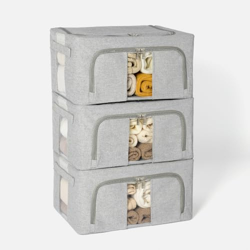 SYEXDZON Clothes Storage Boxes, Thickened Metal Frame, PP Base Panel, 24L | Grey, 3pcs, 4mm Metal Frame, Cotton-linen, Stackable, Storage Bags For Duvets, Blankets, Bedding, Towels, Sweaters