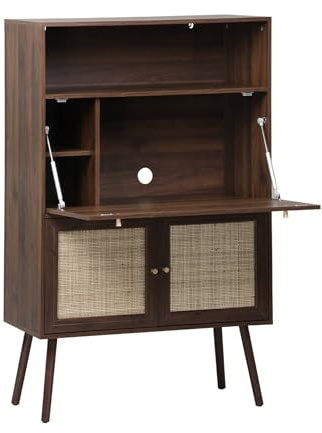 sweeek - Bureau secrétaire décor bois et cannage 2 portes noyer - Boheme