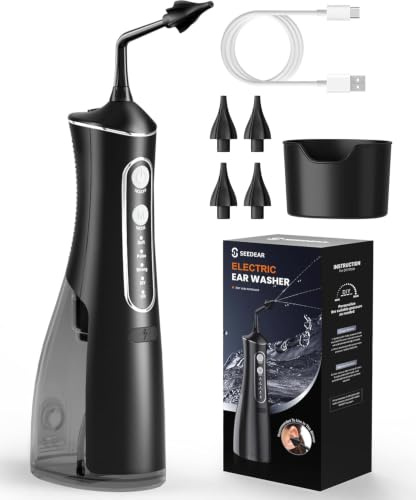 Electric Ear Wax Removal Kit, IPX7 Waterproof Ear Irrigation System, 4 Pressure Modes, 300mL Large Tank, 4 Reusable Soft Tips, for Adults & Kids, Safe Home Ear Cleaning Tool (Black)