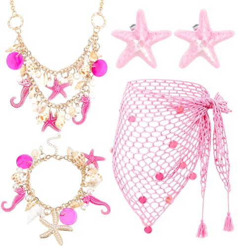 PH PandaHall 5 Pièces Costume de Sirène Halloween pour Femmes Tenue de Sirène Rose Jupe au Crochet Couvre up Bracelet Coquillage Collier Barrettes Bijoux Plage Océan pour Fête Halloween Décoration