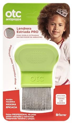 OTC Antipiojos Lendrera Estriada Pro, Peine Profesional con Púas Dobles Estriadas de Acero Inoxidable y Mango Ergonómico, Elimina Eficazmente Piojos y Liendres, Sin Cortes ni Tirones