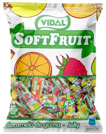 Vidal Golosine. Soft Fruit, Caramello in gomma avvolto, colori giallo, rosso e arancione, Gusto penna, limone, arancio, mela e fragola. Borsa 1 kg