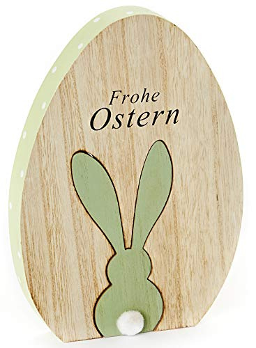 HEITMANN DECO Osterei aus Holz - Deko-Ei mit Hase und Schriftzug Frohe Ostern - Dekofigur - Tischdeko für Ostern und Frühling - Natur/Grün