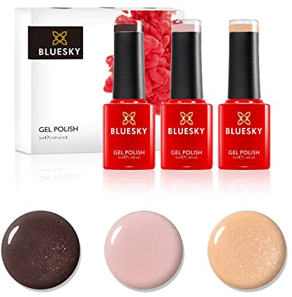 Bluesky Gel Nail Polish Set, Nude Powder, Iced Pink A050, Candy Sand SR34, Mocca Shimmer A014, 3x 5ml, Pink, Nude, Brown, (Requires Curing Under UV or LED Lamp)