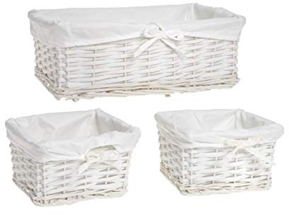 HERSIG - Set 3 Pongotodos Mimbre Natural | Cesta Mimbre Rectangular con Forro, sin Asas - Color Blanco