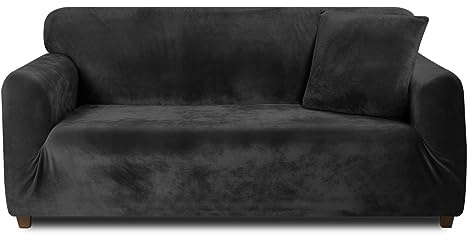 Teynewer Thick Velvet Sofa Covers 1 2 3 4 Seater High Stretch Non-Slip Couch Cover Elastic Furniture Protector Plush Sofa Slipcovers with 1 pillowcase for Living Room Dogs Cat Pet (2 Seater, Black)