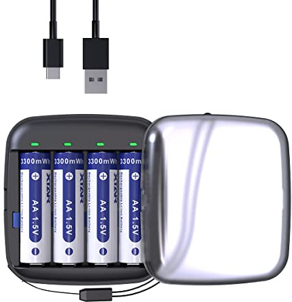 XTAR Batterie ricaricabili al litio AA da 1,5 V, 3300 mWh, 4 pezzi con caricatore BC4