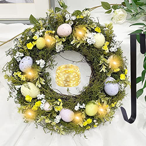 Artificial Easter Wreath Decorations with LED String Lights,Hanger - 40cm for Front Door,Wall Hanging,Spring Wreath with Eggs for Easter Holiday Home Party Wall Decor