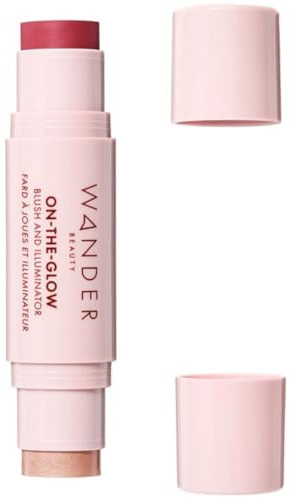 Wander Beauty On-the-Glow Blush and Illuminator - Strawberry Fields/Nude Glow - 7-in-1 Hydrating Cream Blush & Highlighting Stick - Stick Blush for Cheeks, Lip, & Body- Highlighter & Blush - 0.4 oz