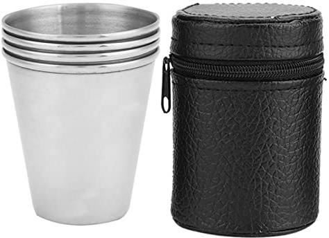 Gobelets en Acier Inoxydable,Gobelet INOX Enfant et Adulte,Ensemble de 4 gobelets Portables en Acier Inoxydable avec étui de Transport en Cuir Noir,pour Camping,Voyage, fête,Bar,sans BPA(Medium),