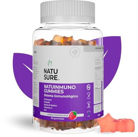 NATUSURE NatuInmuno 60 Gummies – Gominolas con Equinácea, Própolis, Bayas de Saúco, Zinc, Vitamina C – Refuerzo de Defensas y Sistema Inmunitario – Sabor Frambuesa – para Adultos y Niños 8+ Años