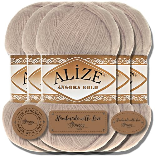 Hobby YARN Alize 5 x 100 g Angora guld turkisk premium ull tunn mohair av ny ull babyull som stickgarn handstickat garn enfärgat uni yarn (sten | 506)