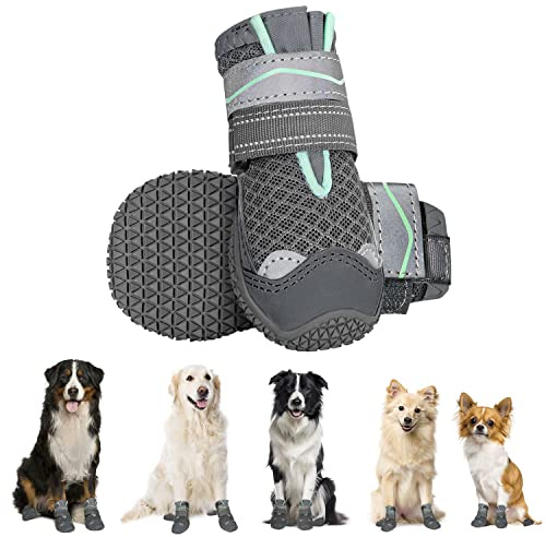 Eyein Hundeschuhe Pfotenschutz, 2 Stück atmungsaktiv Hundeschuhe mit Rutschfester Sohle und reflektierendem Klettverschluss für kleine, mittlere und große Hunde, Sport im Freien (Dunkelgrau, Größe 4)