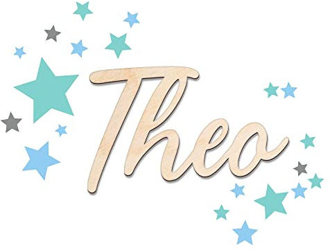 timalo® Türschild Holz personalisiert mit Namen. Individuelles Namensschild Kinderzimmer 3D Schriftzug Dekoration Tür Wanddeko Aufkleber | wood2-h-Sterne-30cm