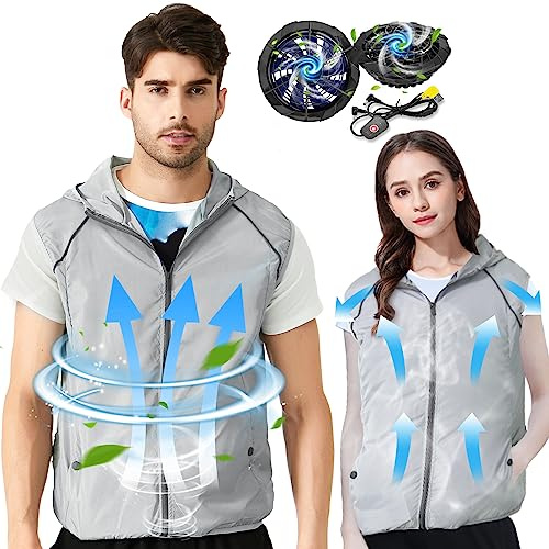 PANGTIKU Gilet con ventola di raffreddamento, per uomo e donna, indossabile, giacca da condizionatore d'aria, 3 velocità, regolabile, per lavoro, pesca, sport (grigio, 2XL)