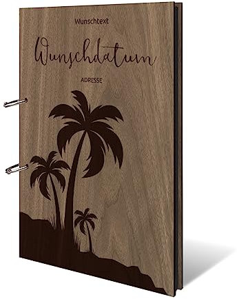 Personalisiertes Ferienwohnung Fotoalbum echtes Holz DIN A4 Besucherbuch mit Lasergravur - Palmen - mit 25 Blatt / 50 Seiten Fotokarton Schwarz