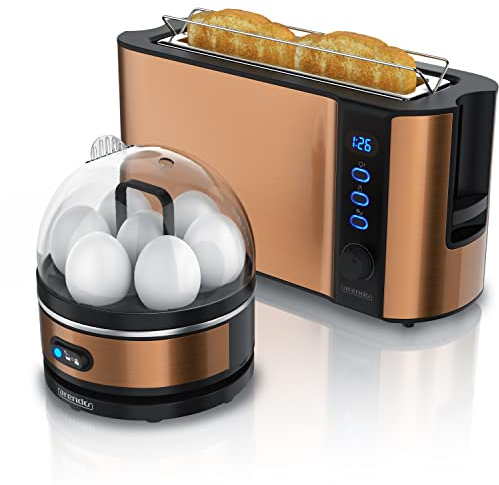 Set Ensembles grille-pain FRUKOST et cuiseur à oeufs SEVENCOOK Inox cuivre grille-pain 2 tranches écran LED 6 degrés de brunissage support viennoiserie Cuiseur à oeufs 1-7 oeufs verre doseur