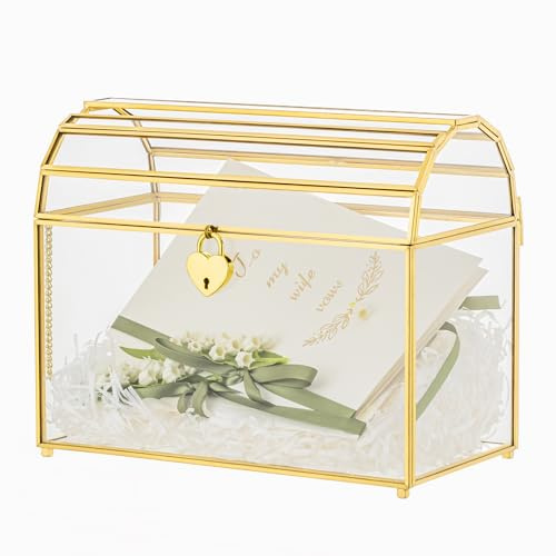 NCYP Wedding Card Box with Slot and Lock - 26 x 14 x 21.5 CM - Gold Glass Envelope Holder for Birthday Party Reception, Tabletop Centerpiece, Indoor Decoration (Glass Box Only)