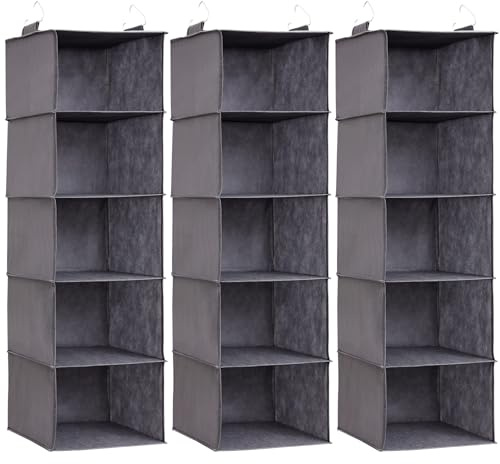Lifewit Rangement Suspendu avec 5 Étagères et 2 Crochets Solides, Étagères de Rangement Armoire pour Placard, Organisateur Pliable, Rangement Vetement, 102 cm (H), Gris, Lot de 3