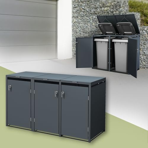 ML-Design Abri pour 3 Poubelles, jusqu'à 240 L, Acier, Anthracite, 200x80x116,3 cm, Habillage de Poubelle, Verrouillable, Box avec Couvercle Rabattable, Conteneur Extérieur, Résistant aux Intempéries