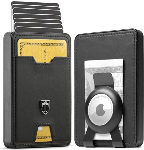 TRAVANDO SWYPE Aluminium Pop-Up Wallet mit AirTag Halter für 6-7 Karten - Geldbörse für Herren mit RFID Schutz - Geldbeutel mit Geldklammer - Kartenetui mit Geldspange (Leder, Schwarz)
