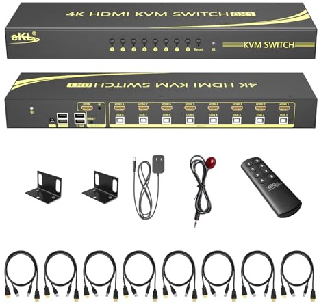 eKL 8 Port HDMI KVM Switch Supports 3.5mm Audio Extractor 4K@60Hz 4:4:4 Hotkeys Swapping 8 in 1 Out 8 PCs Sharing with One Set of Keyboard and Mouse