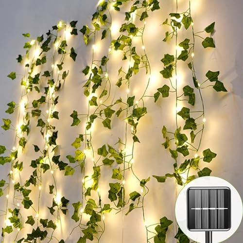 LED Lichterkette Efeu Künstlich, 2M 20 LEDs Efeu Girlande Lichterkette Mit Batterie Für Innen, Lichterkette Mit Blumengirlande Hängend Pflanzen Für Innenberei,Hochzeit, Party Deko (Solar 2M)