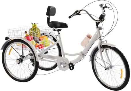 MIIWWOWO 24 Zoll Dreirad für Erwachsene Dreirad Fahrrad Erwachsene Dreiräder Fahrrad mit 3 Rädern für Erwachsene, 7 Gang Dreirad Klappbar Tricycle for Adults mit Korb & Licht (Weiß)