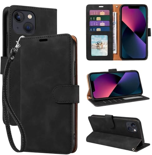 GOTOURED for iPhone 13 Phone Case Wallet, RFID Blocking Card Holder, Black | 4 Card Slots, Wrist Strap, Soft PU Leather Flip Cover, Kickstand, Magnetic Closure, TPU Shell Protective, 13 6.1-inch