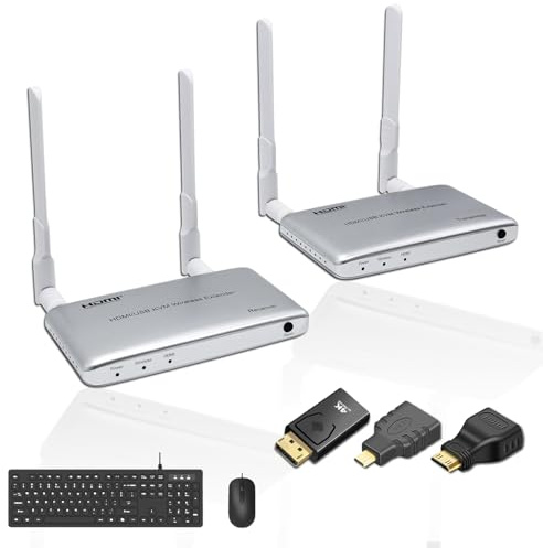 GKRONG Wireless HDMI Transmitter and Receiver 4K with KVM, IR Remote, HDMI Loop Out, Wireless HDMI Extender 2.4/5.8GHz 1080P Full HD Up to 656FT with Detachable Antenna, 2 USB Port for Keyboard/Mouse