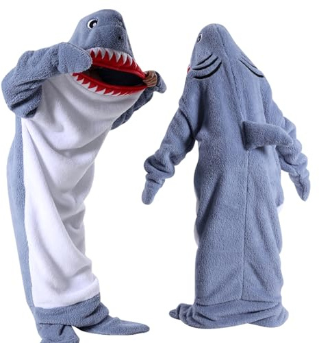 Shark Blanket Hoodie Onesie for Women Men, 190cm Adult Kid Cozy Wearable Blanket Sleeping Bag, Soft Shark Costume Pajamas for Women Men Height 155-170cm for Christmas-Themed Costume Pajama Party