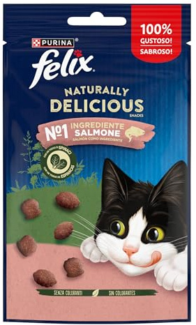 Purina Felix Naturally Delicious Snacks, Leckerlis für Katzen mit Lachs, 8 Beutel à 50 g