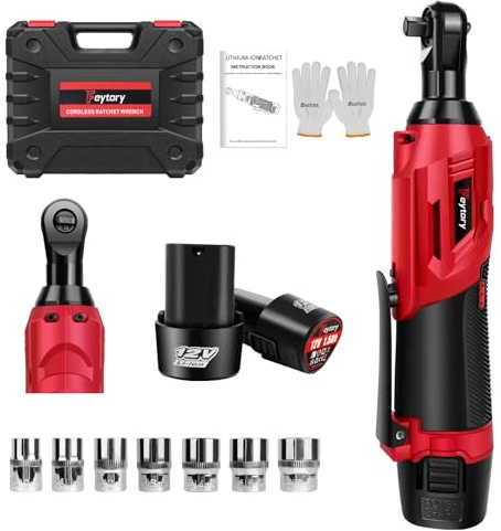 AUTOFU Cordless Ratchet Wrench Set, 3/8 Cordless Ratchet with 7 Sockets, LED Work Light, 1H Fast Charger, 12V Powered Ratchet Wrench 40N.m with 2 Pack 1.5Ah Lithium-Ion Battery, Red