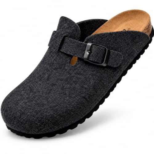 GONKOS®, ullfiltträskor, anatomisk innersula gjord av äkta läder och naturkork, jungfrulig ull,tofflor av filt för kvinnor och män,tofflor Mules Slip On,hög kvalitet tillverkad i Spanien,antracit 46