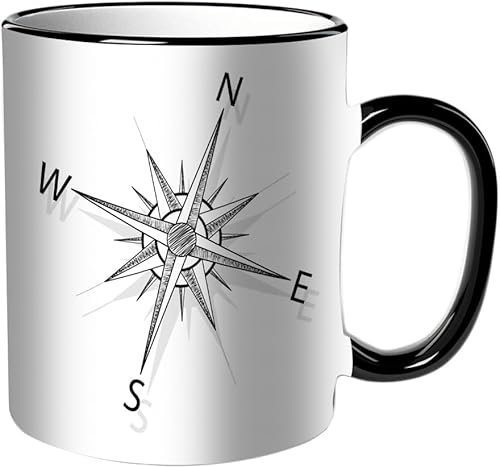 KDWJS Tasse Keramik Kaffeetassen Große 11oz Tassen 330ml Trinkgläser Mit Griff Personalisierte Geschenk Weiß,Windrose Kompass Silhouette vor weißem Hintergrund abstrakte Kunst