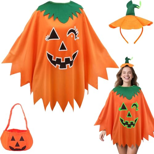 PAPU Glow in The Dark Kostüm Kürbis Umhang Damen mit Haarreif & Süßigkeitentasche,Eltern-Kind Kürbis Kostüm Halloween Kürbiskostüm Lustig Halloween Kostüme Erwachsene Pumpkin Costume Kleid