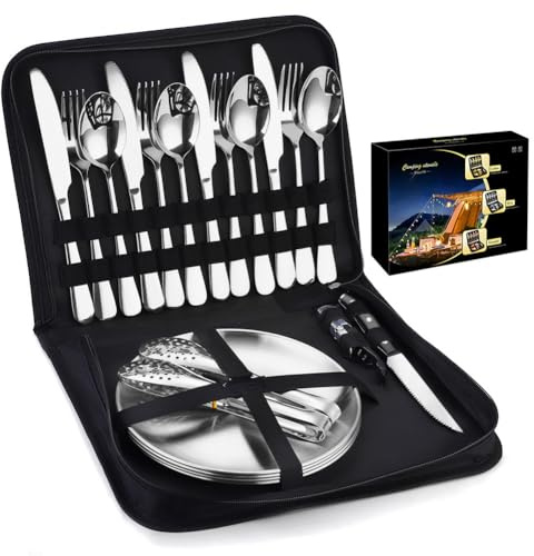 Camping Cutlery Set, Service for 4, 20 PCS Stainless Steel Silver Flatware with Case Knifes Spoons Forks Plate Grill Tong and Bottle Opener for Hiking, Road Trips,Picnics,Camping Adventures