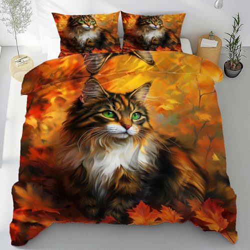 Tyafsgvqo Katzenmotiv Bettwäsche 135x200 3 Teilig, Haustier Katzenliebhabe Bettbezug Mikrofaser Wendebettwäsche mit Reißverschluss, Gelb Ahornblätter Bettwäsche Set mit 2 Kissenbezug 80x80 cm