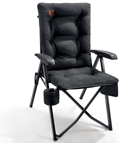 EVER ADVANCED Silla de camping plegable con respaldo ajustable en 4 posiciones, hasta 150 kg, acolchada, bolsillo lateral, portavasos, silla de jardín, respaldo alto