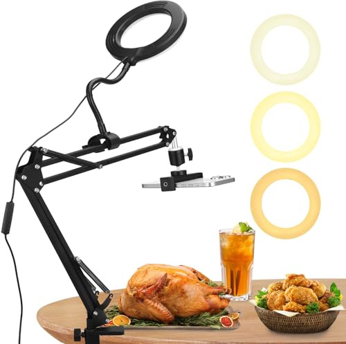 Overhead Tripod for phone with Ring Light, Adjustable Phone Mount Stand 3 Light Colors+10 Brightnesse, Desk Phone Stand with Dimmable LED Ring Light for YouTube Live Stream Cooking