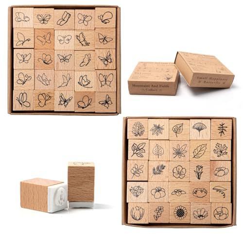 Rebanky 50 teiliges Vintage Holzstempel Set, für Scrapbooking, 25 Motive | Stempel Blumen , Pflanzen und Schmetterlingsmotive mit Aufbewahrungsbox für Karten und Scrapbooking