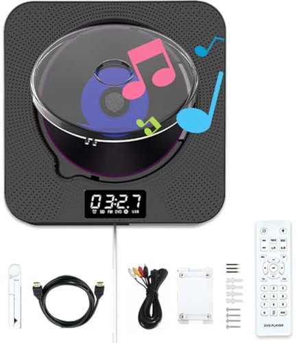 Wall Mountable CD Player, 10W Versatile Music System for DVD VCD CD HD-CD MP3 with Pull Switch and Remote Control, Dual Speaker Stereo, Bluetooth Record Player for Sports, Study, Work, Loop Play
