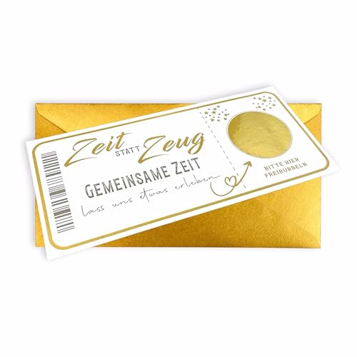 Glückslos Zeit statt Zeug mit Rubbelaufkleber - Rubbelkarte zum beschriften - Einzigartige Geschenk Verpackung - Karte als Gutschein oder Geschenkidee zum freirubbeln mit goldenem Umschlag