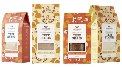 Lovegrass Ethiopia Teff Baking Bundle | White & Brown Flour & Grain, 4 Packs | Gluten Free | Vegan, High Protein, Vitamins & Minerals | Great for Baking Including Traditional Injera Flatbread