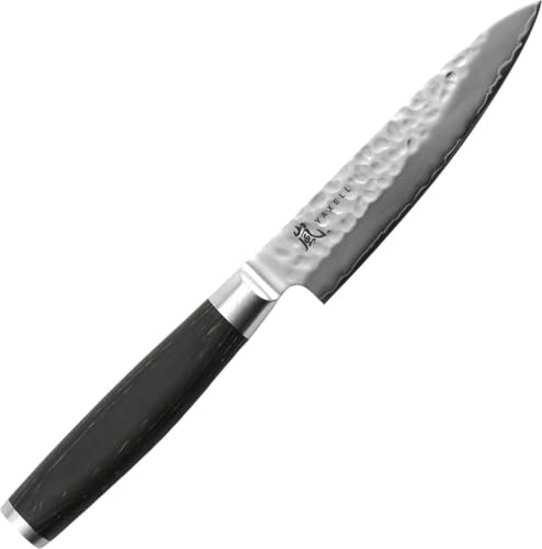 Yaxell Taishi Universalmesser 12 cm, Japanisches Allzweckmesser mit Hammerschlag-Finish, VG10 Damaststahl, Pakkaholz Griff, Küchenmesser für Obst, Gemüse und Kräuter