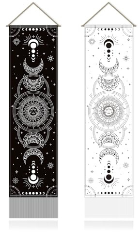 SUPERDANT 2 Stück Mondphasen Wandteppich Mondgesicht Wandkunst Wandbehang Schwarz und Weiß Sonne Sterne Wandteppiche Langer Tapestry Mit Quaste Für Wohnzimmer Schlafzimmer Dekor 130x33cm