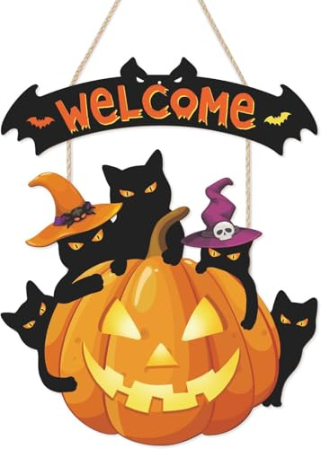 ANHUIB Halloween Kürbis Willkommen Holzschild Halloween Kürbis Hängeschild Halloween Haustür Willkommensschild Türdekoration Kürbis Schwarze Katze Wanddeko Wandschild für Halloween Party Dekoration